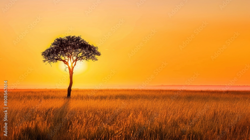 a lone acacia tree silhouetted against the fiery hues of a sunset on the savannah 