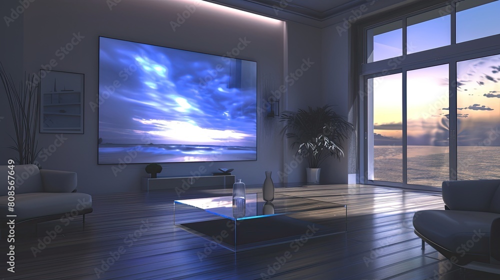 A living room with a single, oversized digital canvas for art and a sleek, glass-top side table A living room with a single, oversized digital canvas for art and a sleek, glass-top side table