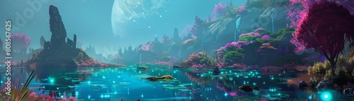 In the newly discovered galaxy, colonists settle on a lush, vibrant planet teeming with bioluminescent forests and crystalclear lakes photo