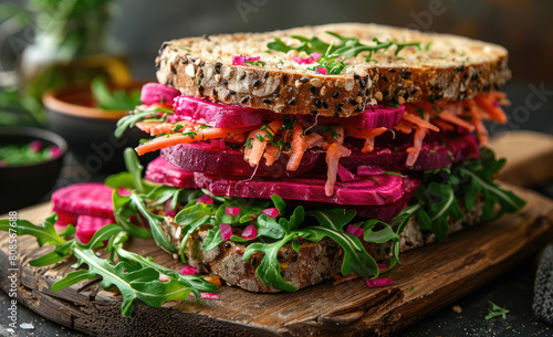 A photograph of a multigrain sandwich with beets, carrots and arugula on dark whole wheat bread. Created with Ai