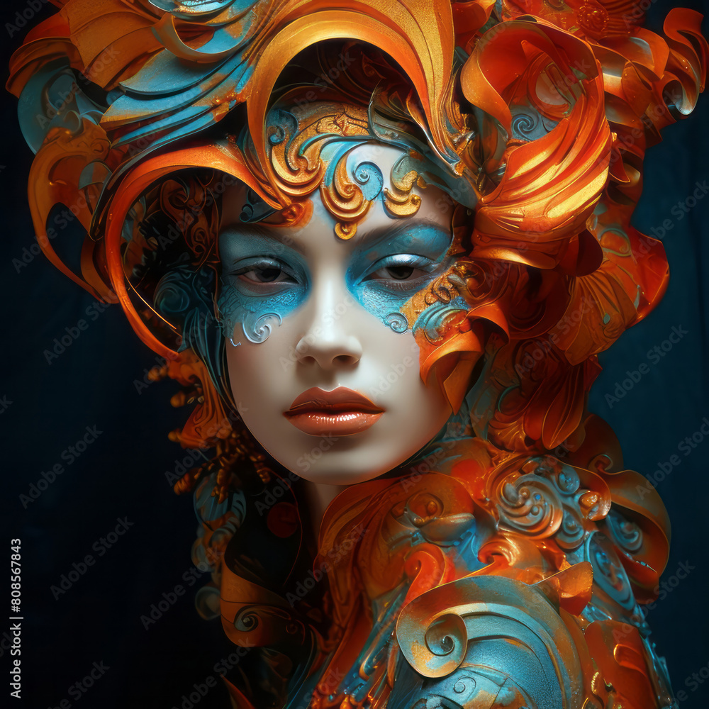 Beautiful woman portrait in carnival cotume contemporary art. Girl portrait. Natural beauty, health, makeup concept. Background for design card, banner, flyer, poster Beautiful woman portrait in carnival cotume contemporary art. Girl portrait. Natural beauty, health, makeup concept. Background for design card, banner, flyer, poster