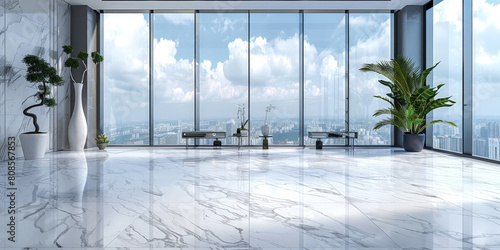 empty room with large windows on cityscape background