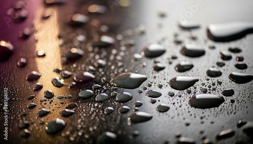 Sunlight illuminating water droplets on a weathered wooden deck