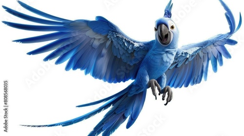 he parrot blue from the movie Rio, movie scene, flying and looking happy isolated    photo