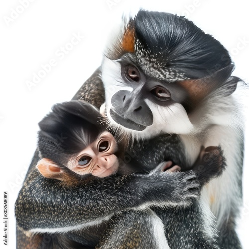 image of a mother De Brazza's monkey cradling her newborn baby in her arms, their bond a symbol of the close-knit family dynamics within the troop isolated on white background   photo