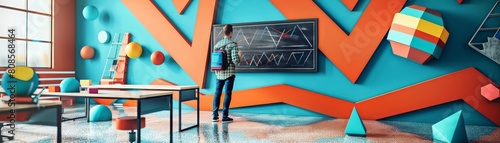 Teacher at chalkboard, oldstyle classroom, chalk dust floating in sunlight, vintage feel, side angle photo