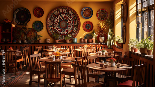 An Ethiopian restaurant, where guests eat communal dishes of injera and spicy stews using their hands, in a room adorned with traditional art and textiles. photo