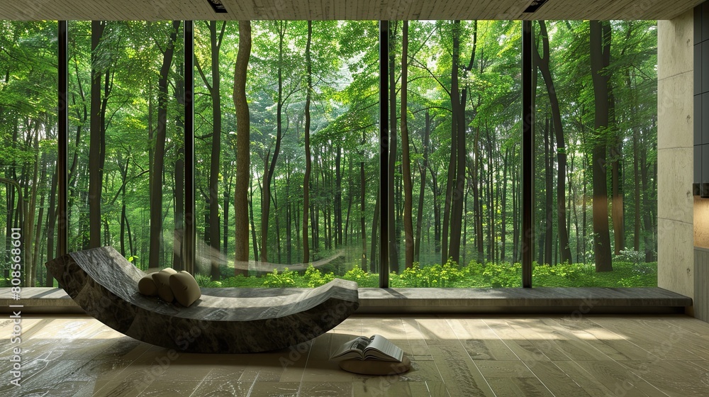 A living room with a single, wall-to-wall smart window displaying a virtual forest, and a modernist stone chaise lounge A living room with a single, wall-to-wall smart window displaying a virtual forest, and a modernist stone chaise lounge