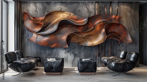 A living room with a single, oversized abstract metal wall art, and a pair of modernist black leather cube seats photo