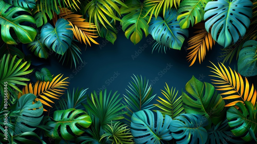 4K high-definition wallpaper, vibrant jungle scenes, large leaves, and surreal animal illustrations. With copyable space and white space in the middle, it is surrounded by lush green foliage and color