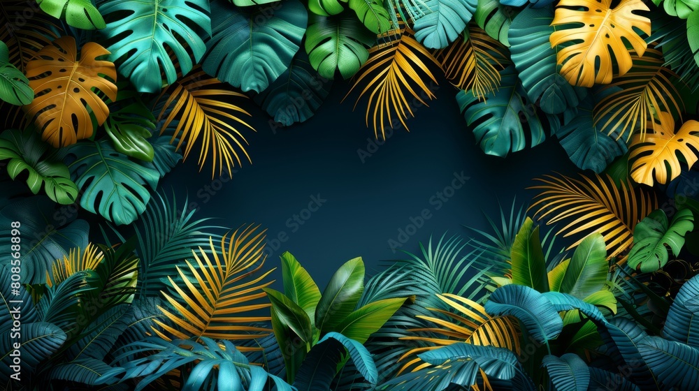 Naklejka premium 4K high-definition wallpaper, vibrant jungle scenes, large leaves, and surreal animal illustrations. With copyable space and white space in the middle, it is surrounded by lush green foliage and color