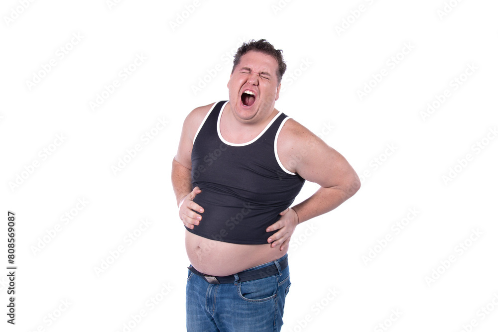 Funny fat man on a diet. Healthy lifestyle and excess weight. Funny fat man on a diet. Healthy lifestyle and excess weight.