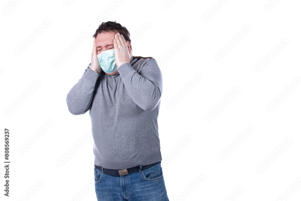 Taking care of your health and cold season. Funny fat man in a medical mask.
