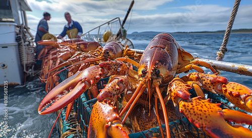 A fishing boat is engaged in lobster fishing, with numerous giant lobsters being lifted onto the deck by fishermen. The large lobsters. Generative AI.