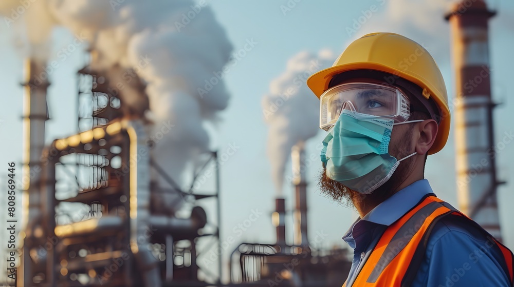 Obraz premium Standard for working Environmental Health and Safety Specialist. Realistic image of safety person and team.