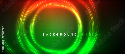 Colorful neon circles in magenta and electric blue set against a dark background create a stunning visual effect lighting with futuristic technology and graphics