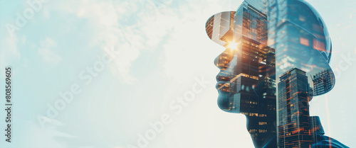 A man wearing a hard hat. Double exposure of engineer wearing safety helmet with building construction. portrait of architect or interior designer thinking about designing architectural building