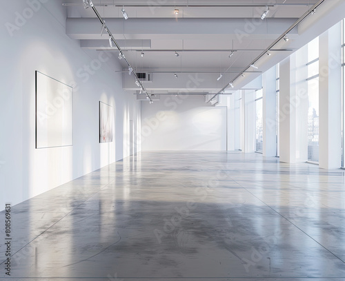 Contemporary gallery space with blank white walls and polished concrete floors  designed for artists to digitally project their work onto the surfaces