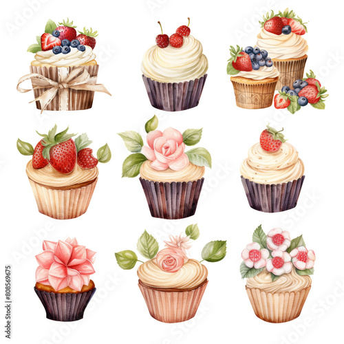 set of cupcakes with berries