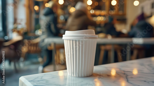 A paper coffee cup with a white lid sits on a marble table in a cafe. There are people sitting at tables in the background. photo