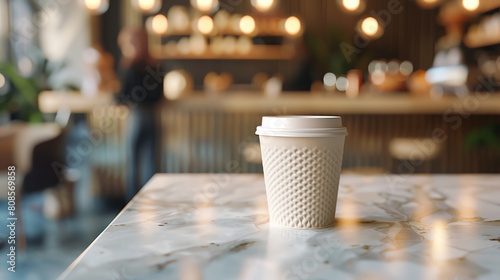Close-up image of a disposable coffee cup with a white lid sitting on a marble table in a cafe. photo