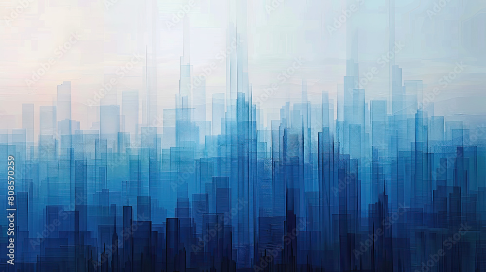 Contemporary minimalist art showcasing staggered skyline outlines with each layer fading into a lighter shade of blue, capturing the essence of dawn