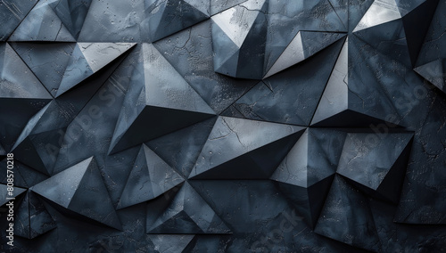 Dark gray background with glowing orange triangles, featuring an array of triangular shapes in shades of dark blue and black. Created with Ai