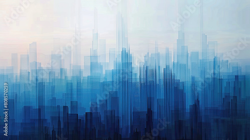 Contemporary minimalist art showcasing staggered skyline outlines with each layer fading into a lighter shade of blue  capturing the essence of dawn