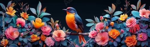 4K HD wallpaper, vibrant jungle scene with exotic birds, large leaves, presented in a surreal animal illustration style. Surrounded by lush green foliage and colorful plants, it creates an enchanting  © Da