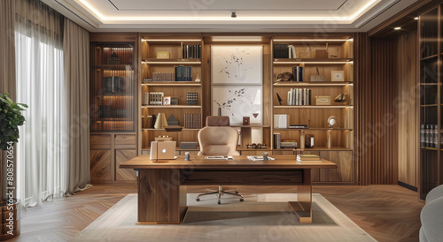 Design an office with a modern and elegant style  featuring an oak wood desk  cabinet bookshelves on the wall with LED lighting under each shelf for illumination
