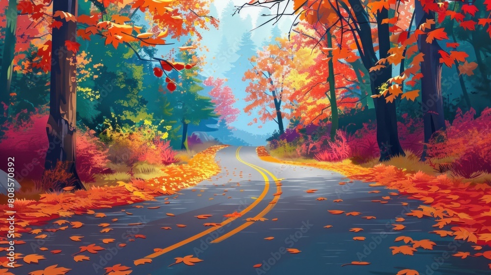 Autumn forest road Mountain roads cut through colorful autumn leaves