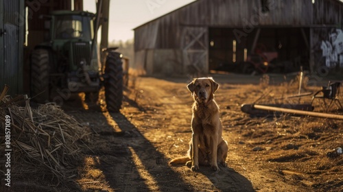 A loyal dog sits patiently by a rustic farm shed, bathed in the golden light of a sunset, with an old tractor in the background.
