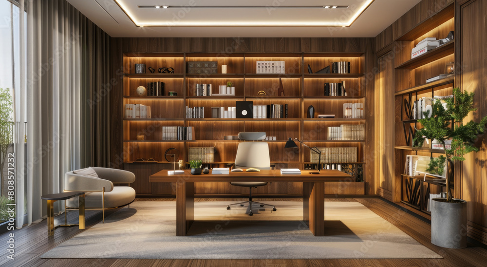 Design an office with a modern and elegant style, featuring an oak wood desk, cabinet bookshelves on the wall with LED lighting under each shelf for illumination