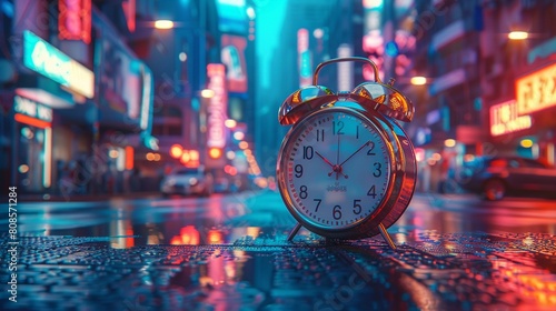A retrostyle classic alarm clock in focus, representing urban life and time management, set against a vibrant neonlit city background 8K , high-resolution, ultra HD,up32K HD photo