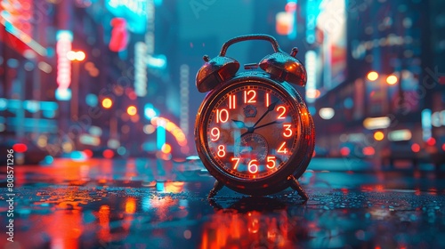A retrostyle classic alarm clock in focus, representing urban life and time management, set against a vibrant neonlit city background 8K , high-resolution, ultra HD,up32K HD photo