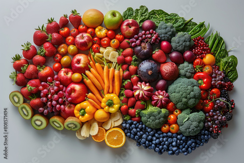 A colorful array of fruits and vegetables arranged in the shape of a human brain. Created with Ai