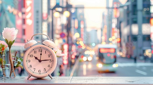 An isolated classic alarm clock in focus, symbolizing urban life and time management, against a vibrant neonlit city background in retro realistic style 8K , high-resolution, ultra HD,up32K HD photo