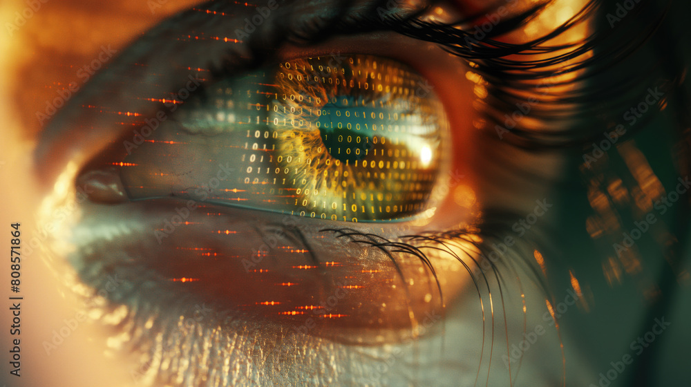 Close up of beautiful woman eye with Digital binary data Close up of beautiful woman eye with Digital binary data
