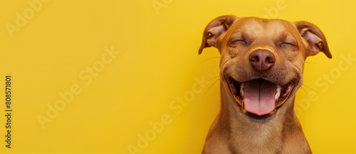 Happy dog smiling on yellow background