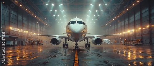 A commercial aircraft parked in the hangar, representing the luxury and convenience of modern air travel for tourism and business photo