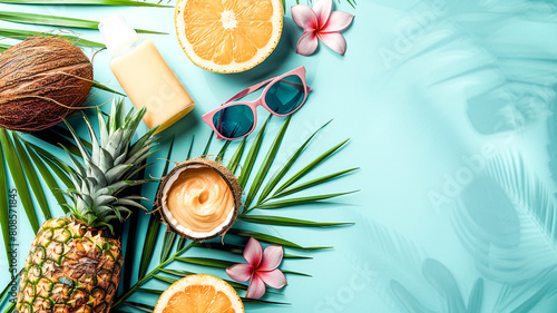 A pineapple and coconut wearing sunglasses and sunblock  standing against a bright  solid colored background