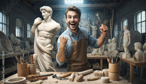  joyful sculptor in their studio, working on a magnificent marble sculpture