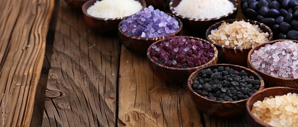 Fototapeta premium A tranquil setting featuring sea salt varieties in natural shell containers, accompanied by smooth, dark spa stones, all set on a polished wood backdrop rich in texture