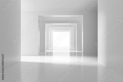 Minimalist White Hallway with Sequential Open Doorways, Offering a Perspective of Infinite Possibilities photo