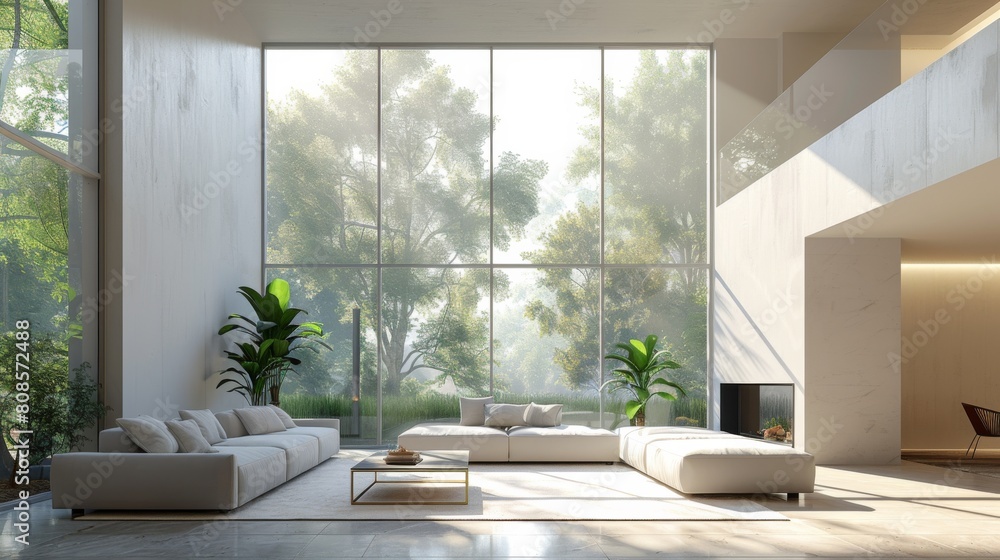 Detailed 3D illustration of a minimalist living room with expansive windows, allowing for a cascade of sunlight over clean, white surfaces and modern aesthetics. Detailed 3D illustration of a minimalist living room with expansive windows, allowing for a cascade of sunlight over clean, white surfaces and modern aesthetics.