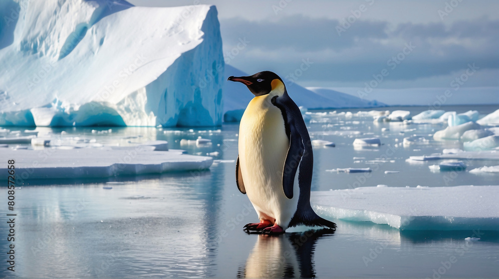 Fototapeta premium Lonely penguin standing on melting ice at sunset. Emperor penguin in Antarctica. Climate change and global warming issues