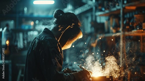 In a dimly lit garage, a welders mask glows brightly, highlighting the intricate patterns of light and shadow created by the welding process 8K , high-resolution, ultra HD,up32K HD photo