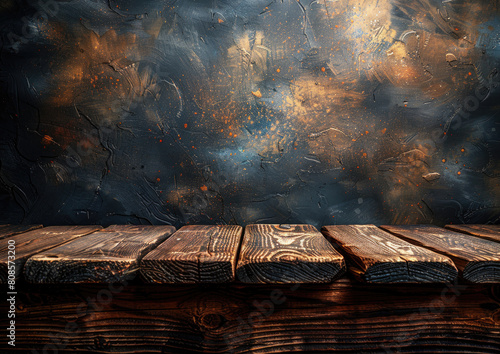 A wooden table with dark, smoky background. Created with AI photo