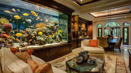 A luxury living room with a large custom fish tank serving as a room divider, filled with colorful tropical fish, providing a dynamic and calming focal point photo