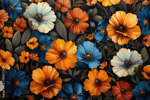 A large pile of flowers in the colors red  orange and blue. The petals have different shapes. Created with AI